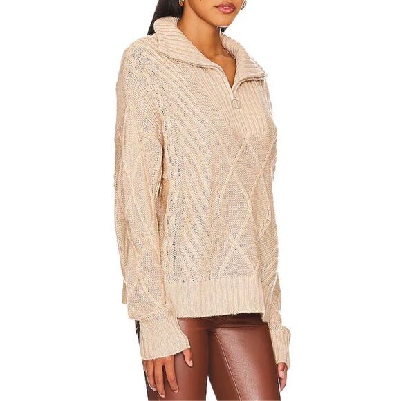NWT SNDYS Jax Knit Cable Knit 1/4 Zip Up Cropped Cream Top Sweater Women’s L - Picture 2 of 16
